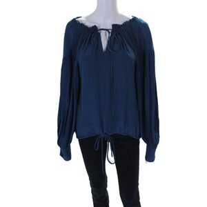 Calvin Rucker Womens Long Sleeve V Neck Drawstring Blouse Blue Size M